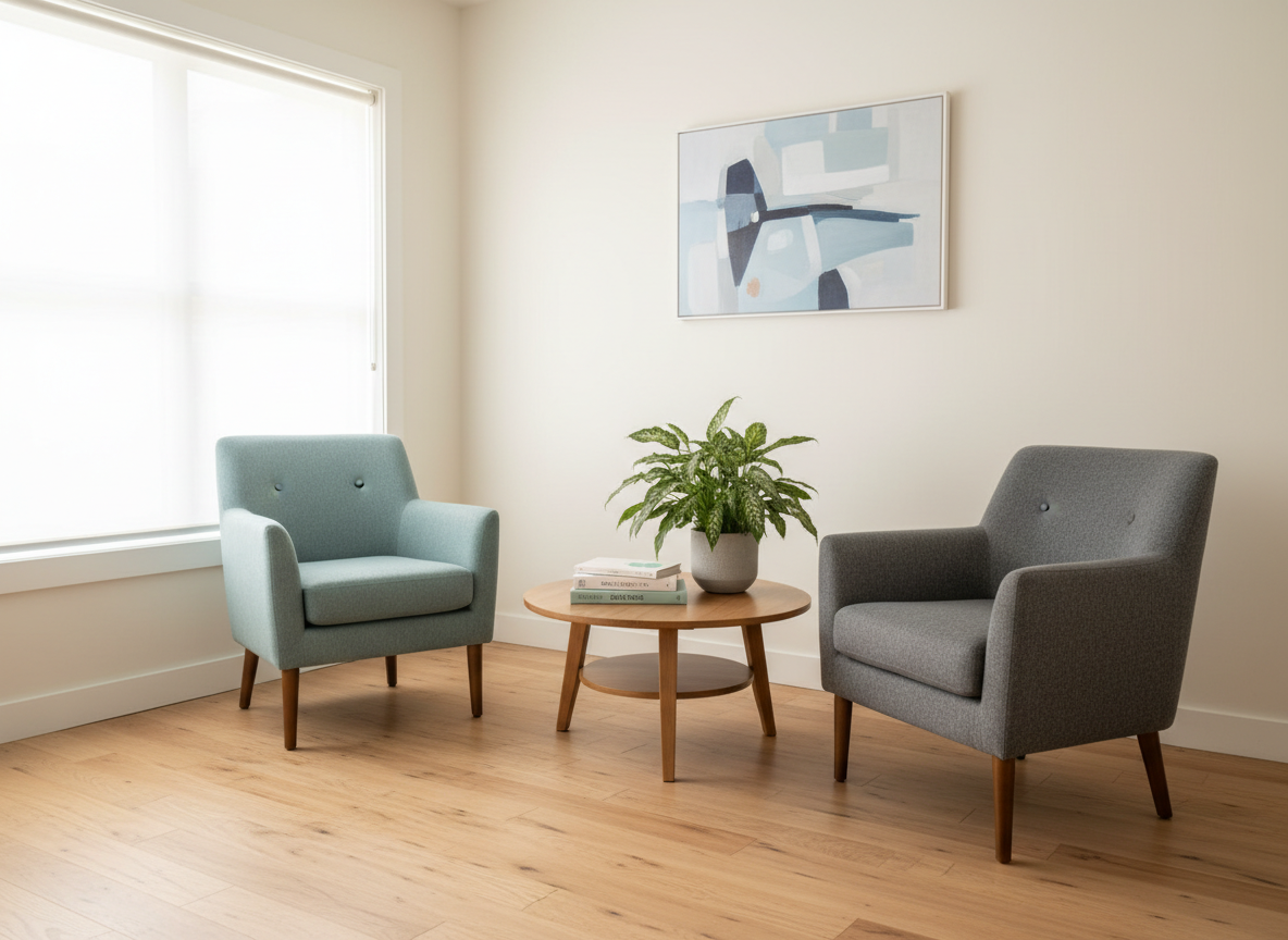 A tranquil waiting area in a psychotherapy practice, completely empty of people, with two mismatched yet harmonious armchairs in soft teal and warm charcoal wool facing a low oak coffee table. On the table rests a neatly stacked selection of thoughtfully designed mental health books and a single leafy green plant in a matte ceramic pot. The walls are painted a soothing warm white, accented by a simple abstract artwork in muted blues. Diffused overcast daylight enters from a side window, softening the entire scene. Photographic realism with a slightly wide, eye-level composition, balanced using the rule of thirds, creating an atmosphere that feels grounded, welcoming, and unpretentious.