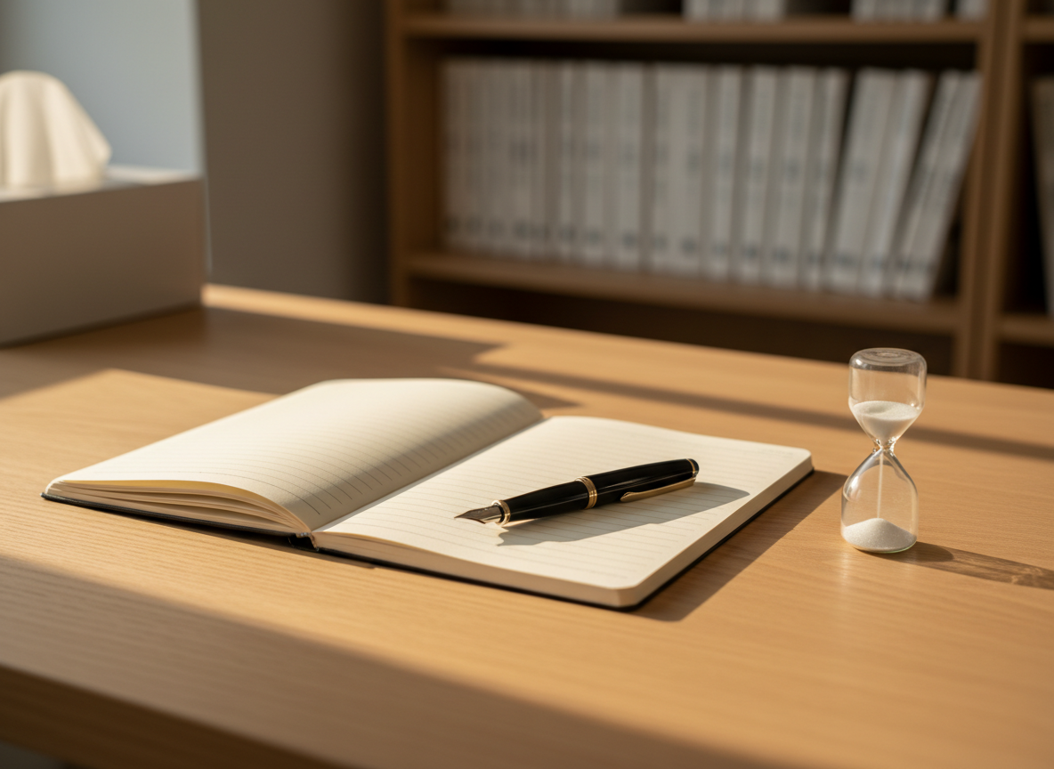 A close-up of a minimalist wooden desk in a psychotherapy office, no people present, with a single open lined notebook, a fine black fountain pen resting diagonally across the page, and a small sand timer with pale grey sand mid-flow. Behind, a blurred view of a tidy bookshelf and a discreetly placed tissue box. Late-afternoon natural light from an unseen window falls diagonally across the desk, creating gentle highlights on the paper texture and soft shadows along the pen. Photographic realism, shot from a slightly elevated angle, emphasizing order, intention, and quiet focus, with a calm, professional mood that suggests space for making sense of complex inner narratives.