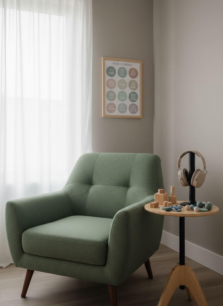 A serene, uncluttered corner representing neurodivergent-friendly psychotherapy, with a low, deep armchair upholstered in smooth moss-green fabric facing a small, adjustable side table holding noiseless fidget tools made of wood and silicone, and a pair of discreet, over-ear noise-cancelling headphones resting on a stand. The walls are a soft, warm grey, with a simple visual schedule in muted colors mounted nearby. Natural daylight filtered through gauzy curtains creates an even, gentle light with almost no harsh contrast, reducing sensory overwhelm. Photographic realism at eye level, with a slightly shallow depth of field to keep the chair and tools in crisp focus, evoking validation, understanding, and calm for ADHD and autistic clients.