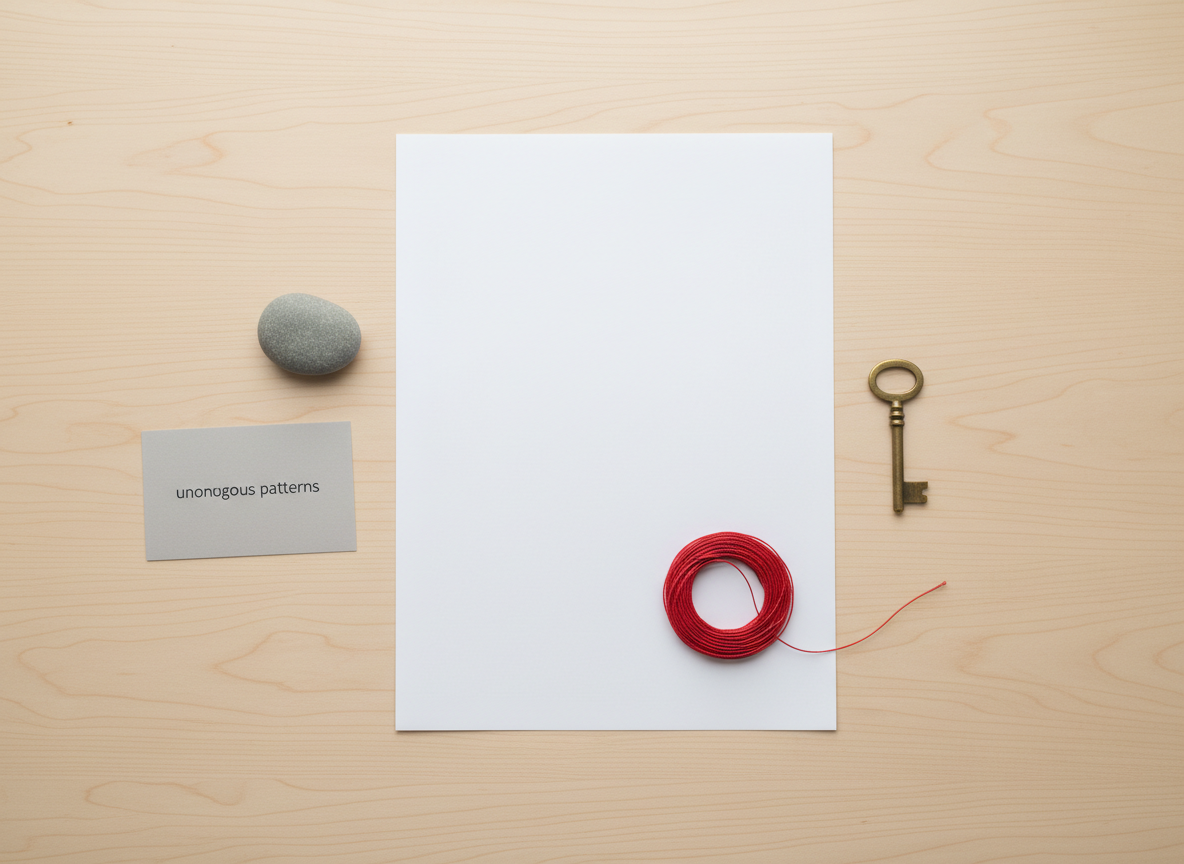 An overhead photographic view of a smooth, light-wood tabletop used in psychoanalytic work, with a blank white A4 sheet at the center representing open possibility, surrounded by small symbolic objects: a polished river stone, a neatly coiled red string, and a simple brass key. Off to one side lies a soft grey card labeled “unconscious patterns” in small, clean typography. Gentle, diffused natural light from above creates subtle, contemplative shadows around each object. The composition is carefully balanced and minimalist, with sharp focus throughout, conveying the process of decoding internal logic and making hidden narratives visible in a calm, thoughtful, and professional manner.