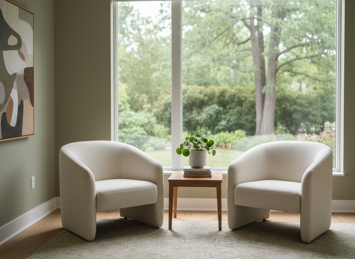 Tranquil psychotherapy waiting area with nature focus: two empty chairs in soft neutral fabric facing a low wooden table, set beside a large window looking out onto a leafy garden with blurred trees and plants. On the table, a single plant in a simple ceramic pot and a small stack of books. Soft overcast daylight fills the room, with greenery visible outside, creating a calm, grounded atmosphere suitable for a therapy practice.