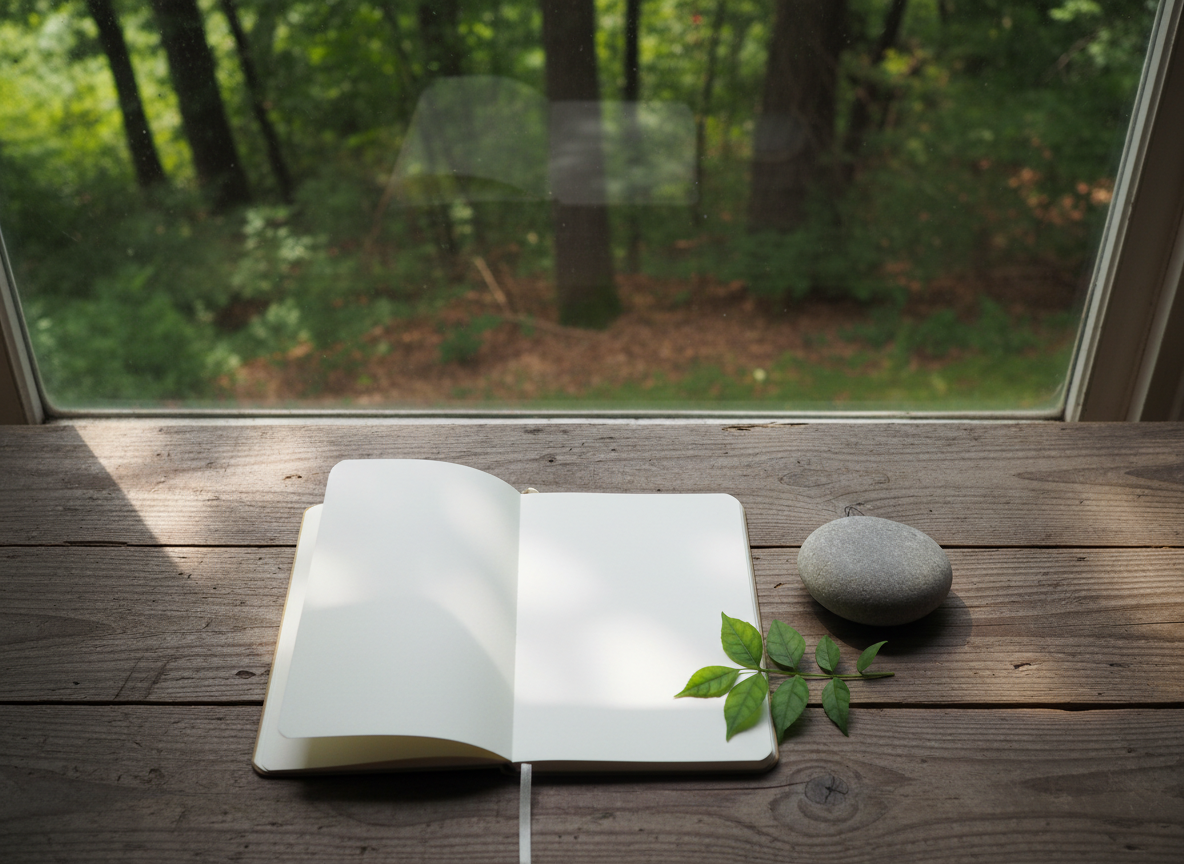 Symbolic, nature-focused image for psychoanalytic work: overhead view of a wooden table by a large window, with dappled sunlight from garden trees falling across a blank white notebook, a single smooth river stone, and a small sprig of green leaves. Outside the window, a soft-focus forest edge in greens and browns. Photographic realism, quiet and contemplative, evoking reflection and the unfolding of inner narratives.