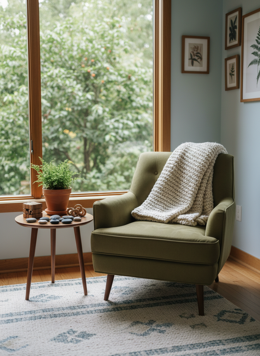 Neurodivergent-friendly psychotherapy space with nature elements: a deep, comfortable armchair with a soft throw, next to a small table holding quiet, tactile fidget objects made of wood and stone, and a small potted plant. Behind, a large window opens onto a leafy garden, with greenery softly out of focus. Even, gentle daylight, minimal visual clutter, calm and validating mood suitable for ADHD and autistic clients.